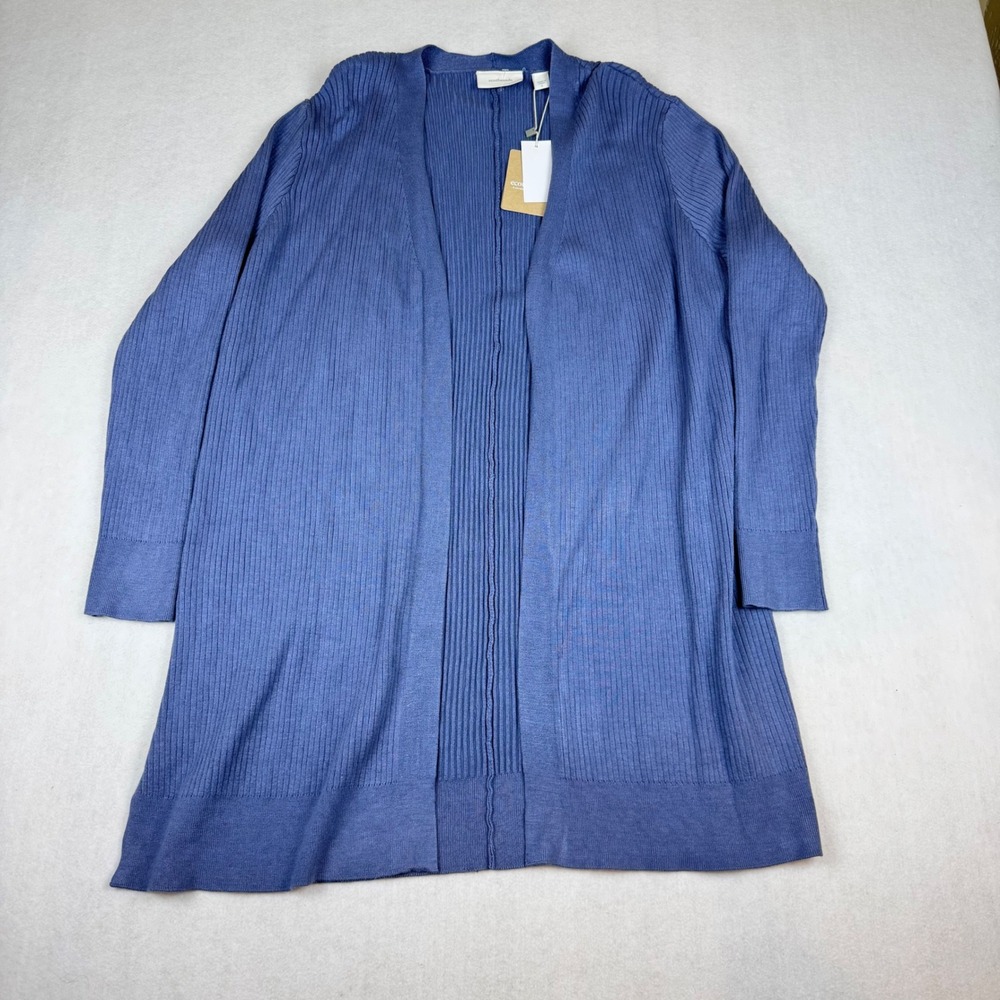 Ecothreads Women Blue Ribbed Open Front Longline Cardigan Sweater L